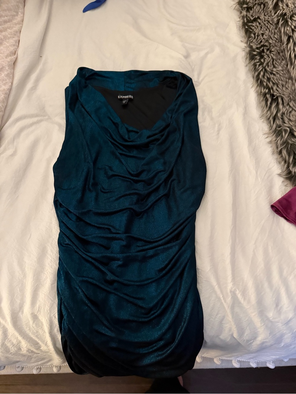 Express Teal Shimmer Ruched Cowl Neck Top